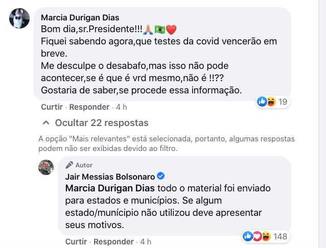 Bolsonaro culpa governos por testes de Covid-19 próximos do vencimento 