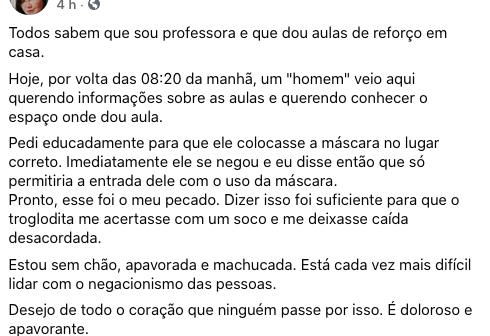 Professora é agredida após pedir a homem que usasse máscara