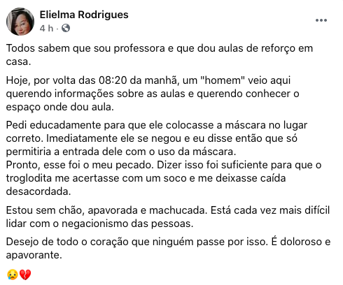 Professora é agredida após pedir a homem que usasse máscara