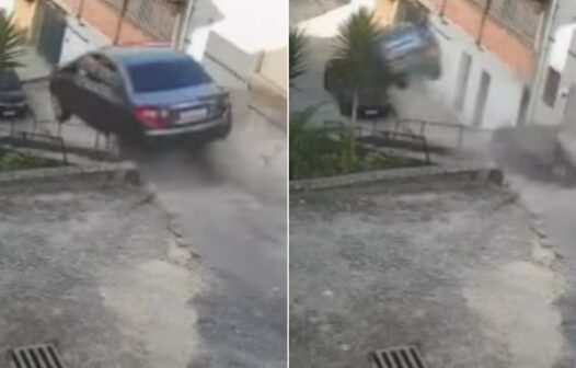 Vídeo: carro atravessa rua e “voa” antes de capotar