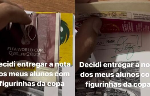 Professora entrega prova de alunos com figurinhas do álbum da Copa do Mundo