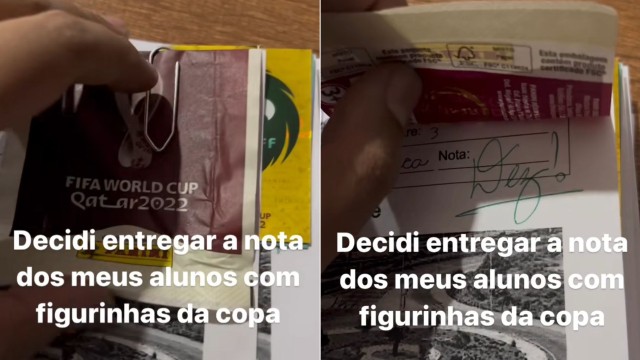 Professora entrega prova de alunos com figurinhas do álbum da Copa do Mundo