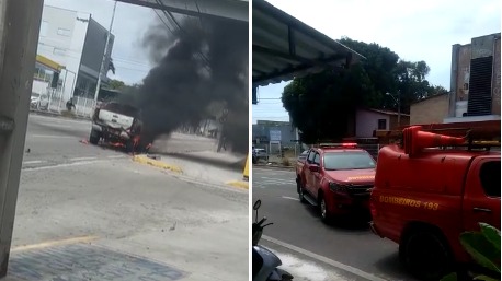 Hilux pega fogo na avenida Washington Soares, em Fortaleza