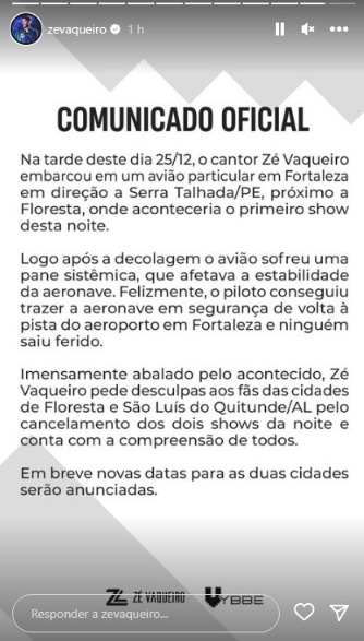 Avião em que estava o cantor Zé Vaqueiro sofreu uma pane