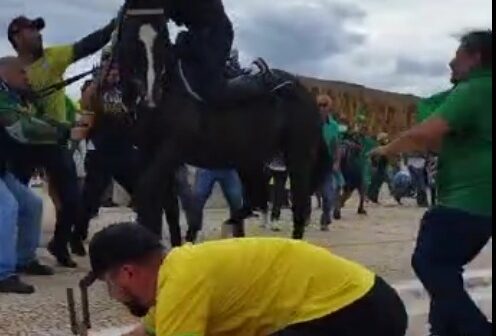 Terroristas atacam e agridem policial da cavalaria durante ato golpista