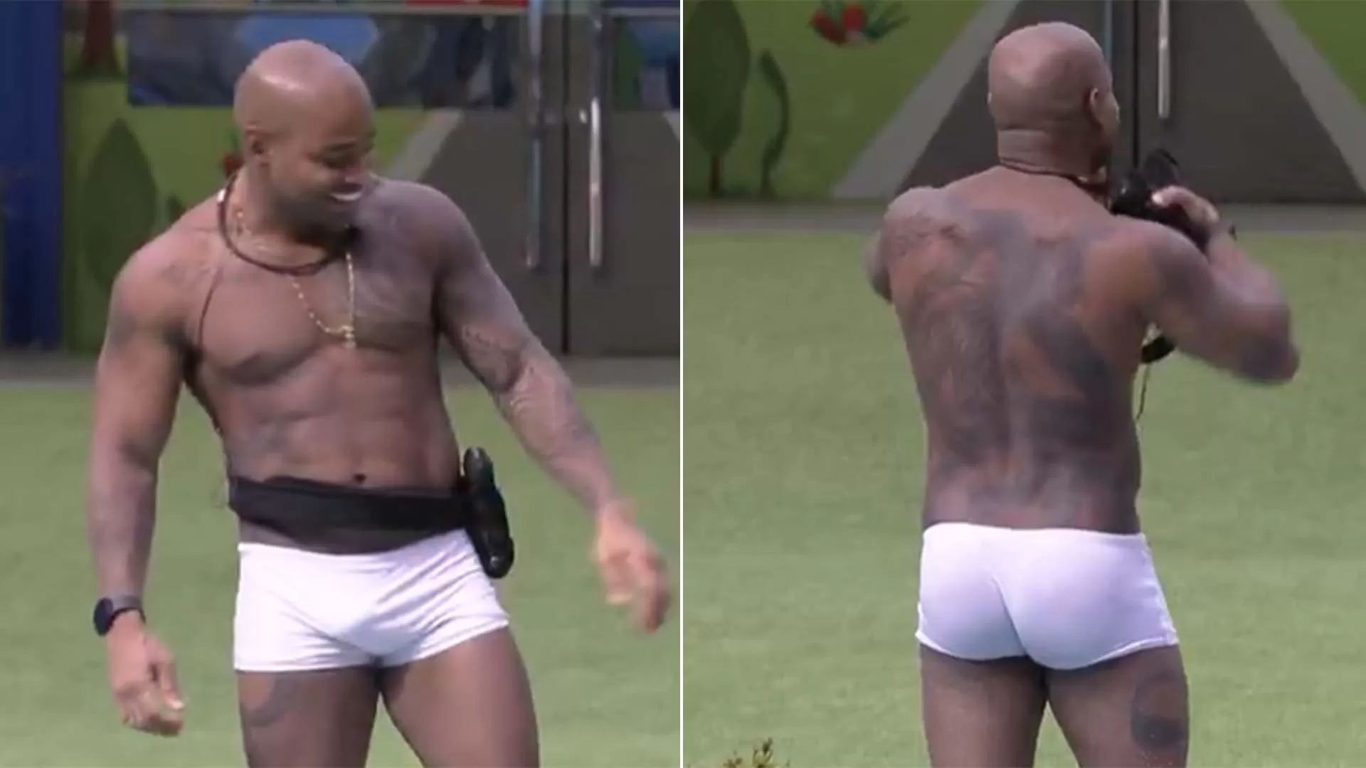 Cezar Black ostenta corpo musculoso e causa só de sunga branca