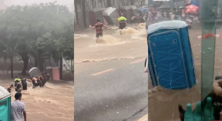 Foliões e banheiros químicos são arrastados por enxurrada em São Paulo