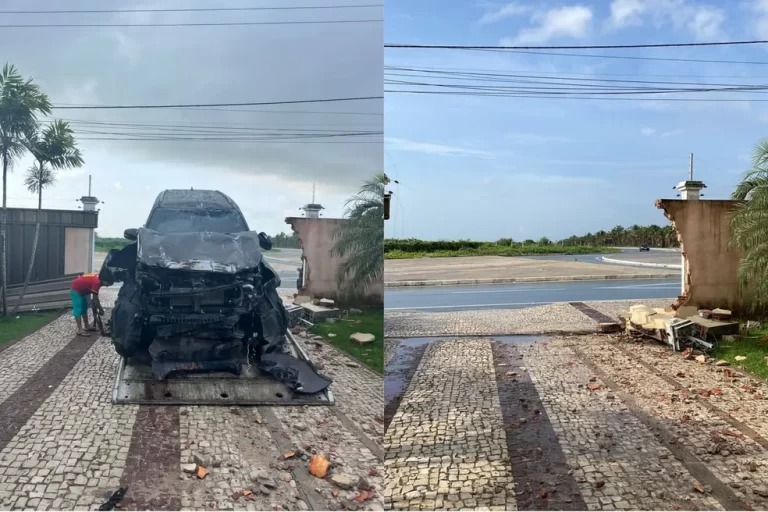 Carro derruba muro de casa e bate em outros veículos em Acaraú, no Ceará 