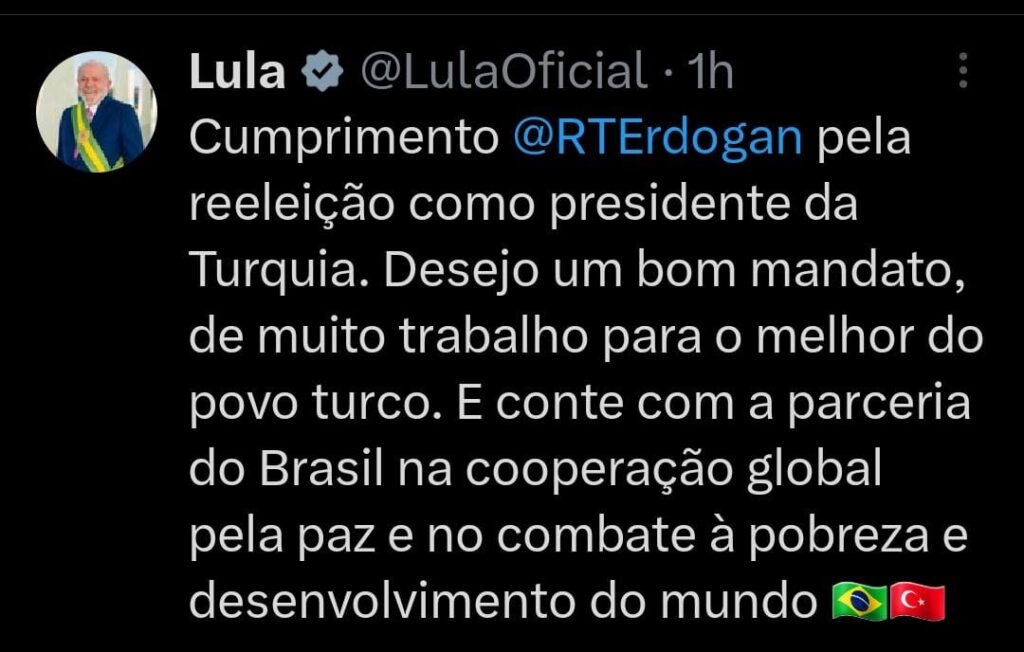 Lula cumprimenta Erdogan pela vitória nas eleições da Turquia