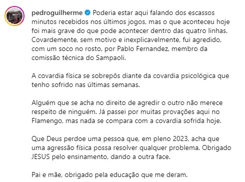 Pedro leva soco de preparador físico do Flamengo e desabafa nas redes sociais