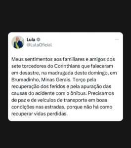 No twitter o presidente Lula manifestou solidariedade às vítimas do acidente