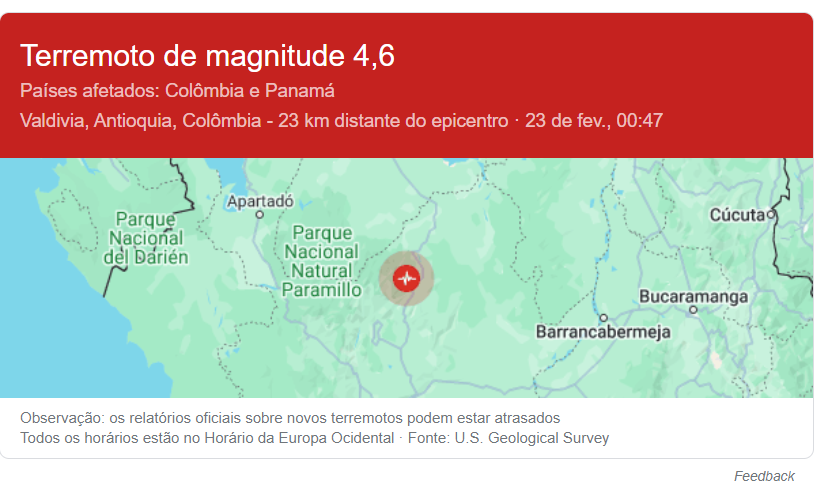 Terremoto de magnitude 4,6 sacode Medellín e regiões circunvizinhas