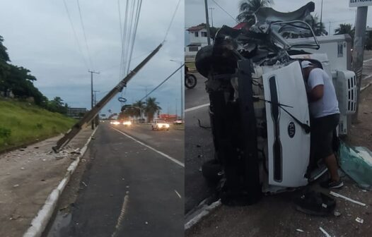 Acidente: veículo arrasta fiação de poste e capota na av. Leste Oeste, em Fortaleza