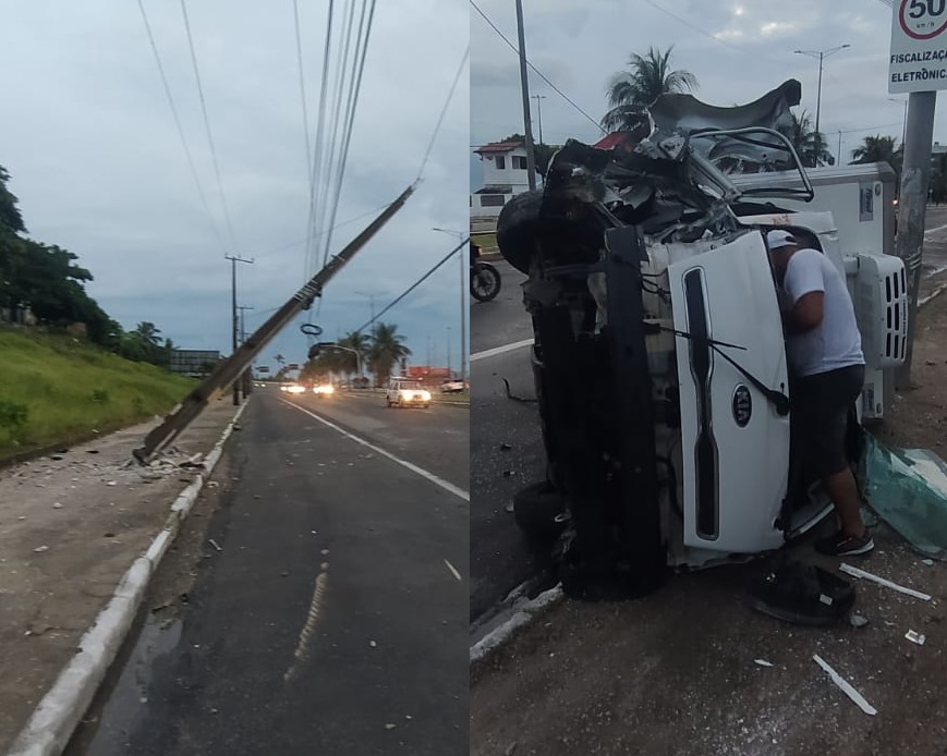 Acidente: veículo arrasta fiação de poste e capota na av. Leste Oeste, em Fortaleza
