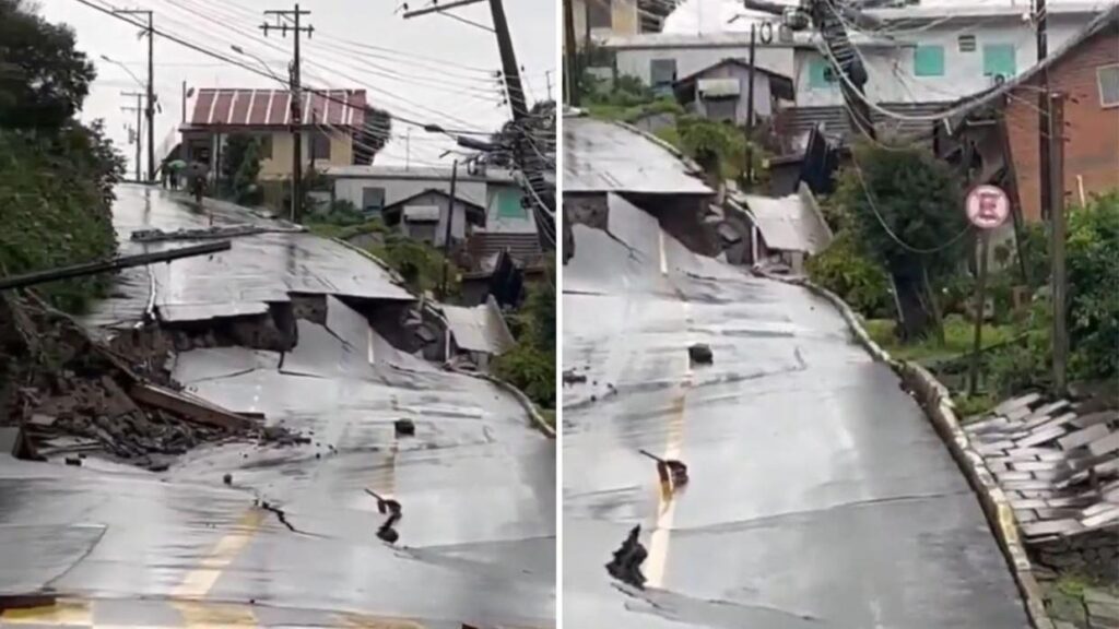 Rua desmorona em Gramado, na Serra Gaúcha, após fortes chuvas