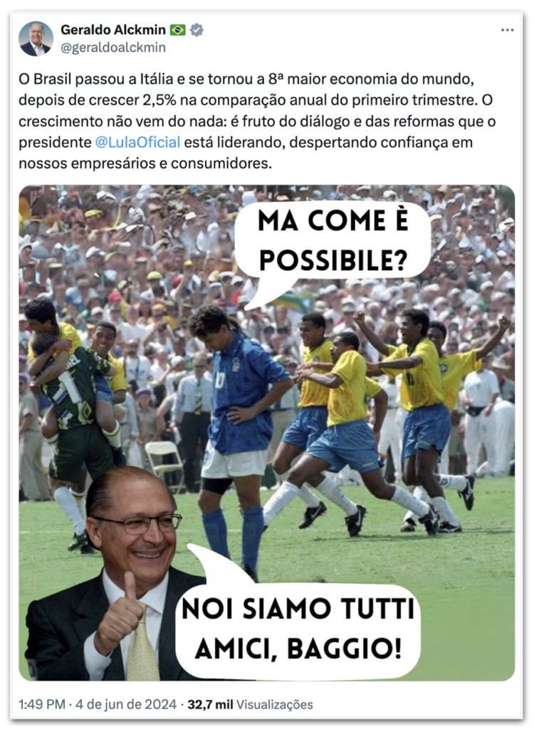 Alckmin faz referência à final da Copa de 94 contra a Itália ao comemorar PIB brasileiro