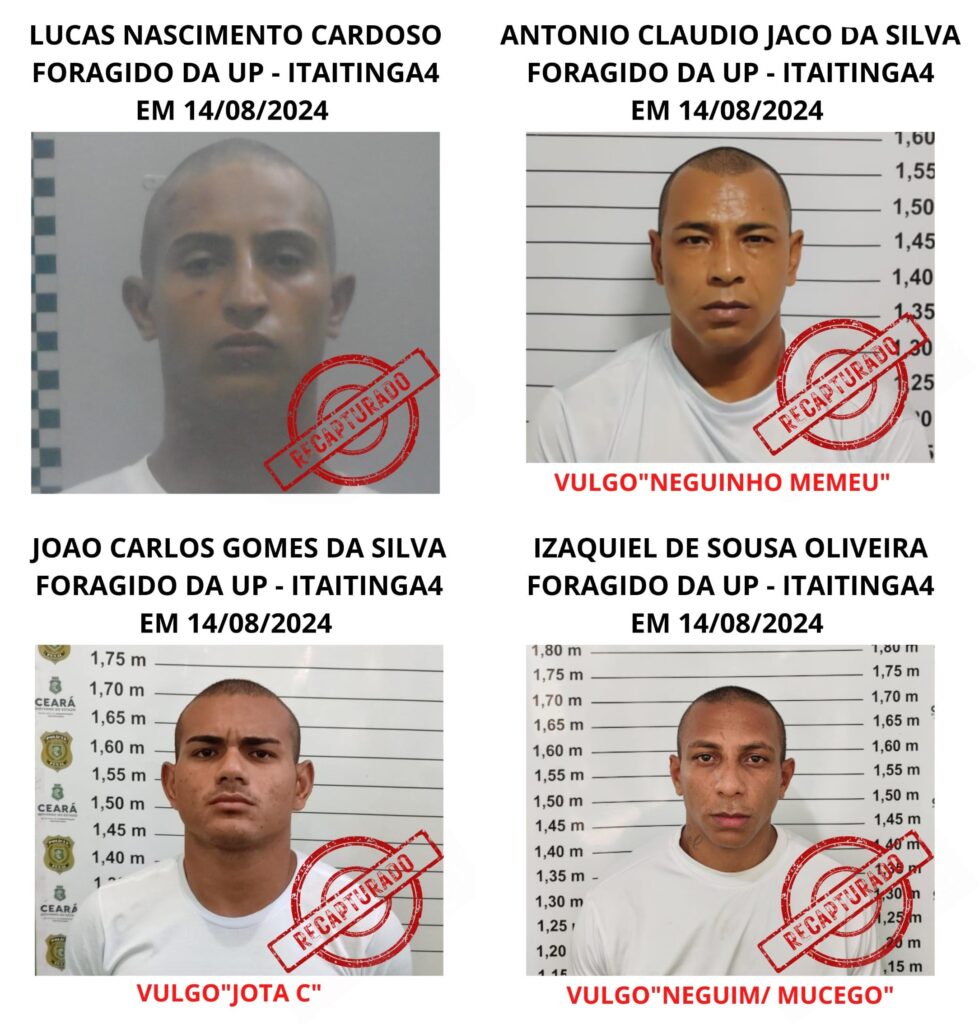 Quatro dos seis detentos que fugiram de unidade prisional em Itaitinga-CE são recapturados