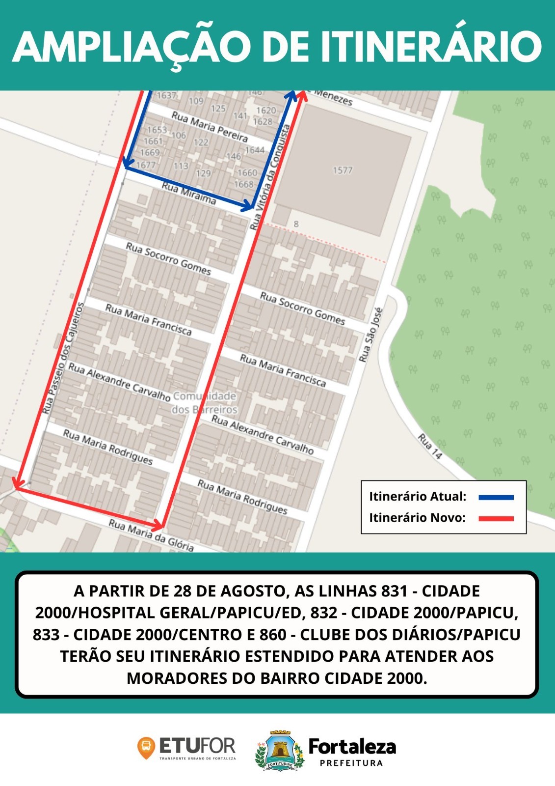 Etufor amplia itinerário de linhas de ônibus na Cidade 2000 a partir desta quarta-feira (28) 