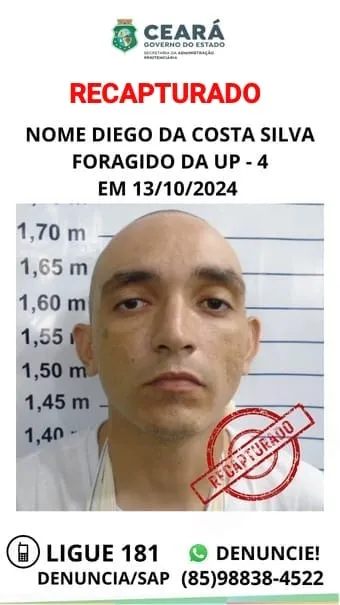 Polícia recaptura um dos cinco detentos que fugiram de unidade penitenciária em Itaitinga/CE