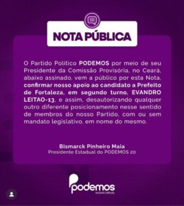 Nota de Bismarck Maia anunciando apoio à Evandro Leitão na disputa pela prefeitura de Fortaleza