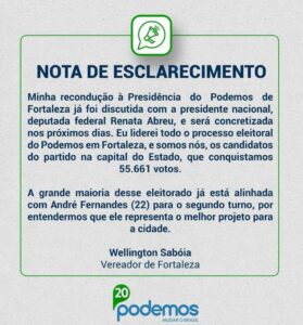 Nota de Wellington Saboia confirmando seu apoio na disputa a prefeitura de Fortaleza ao candidato André Fernandes