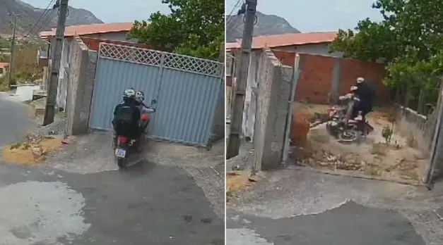 Mototaxista colide com portão para evitar queda em ladeira após motocicleta perder freio