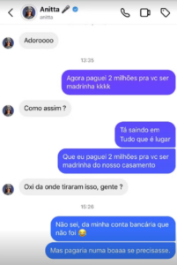 Print com diálogo entre Anitta e Carlinhos Maia após a polêmica dos R$ 2 milhões