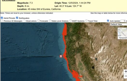 Alerta de tsunami após terremoto para Califórnia é suspenso nos EUA