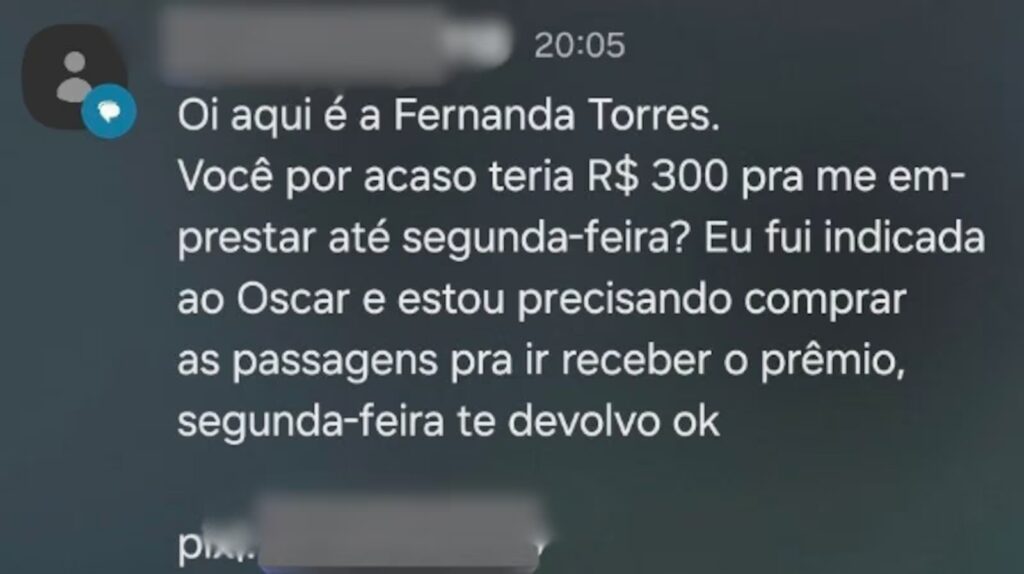 Golpe do Pix usa nome de Fernanda Torres em pedido falso de ajuda para ir ao Oscar