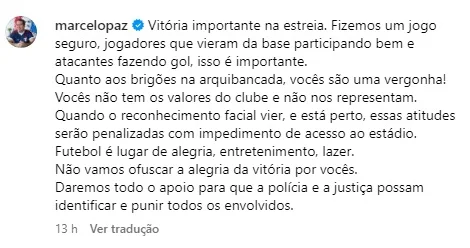 “Vocês são uma vergonha!”, diz Marcelo Paz  sobre torcedores envolvidos em brigas durante o jogo do Fortaleza