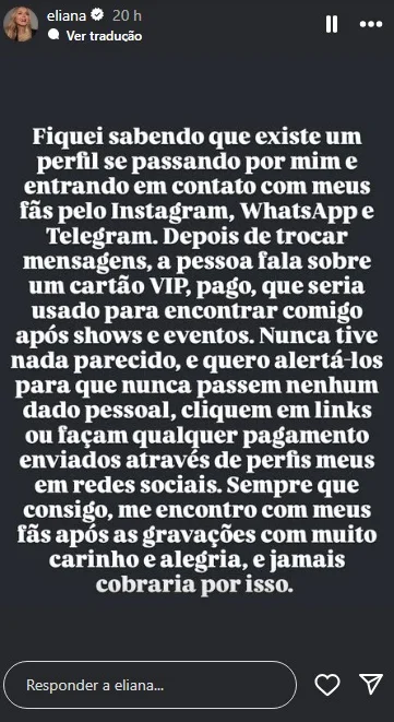 Eliana alerta seguidores sobre perfis falsos em suas redes sociais