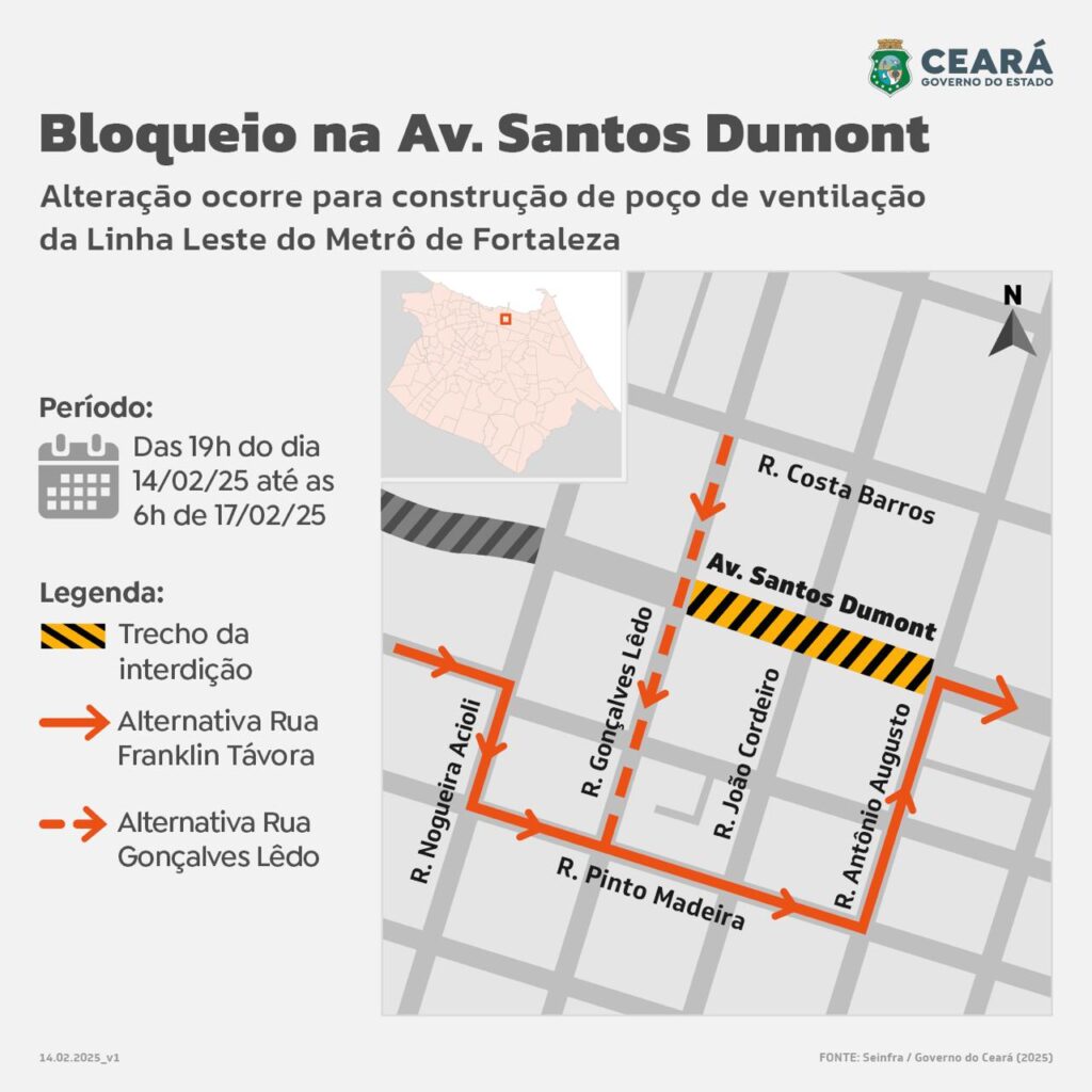 Trecho da Av. Santos Dumont será interditado para obras do Metrô de Fortaleza; confira