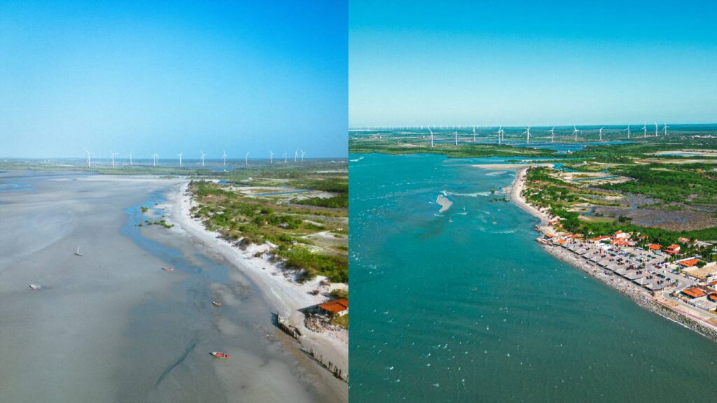 Maré baixa faz surgir faixa de areia de até 4 km de extensão em praia do Ceará