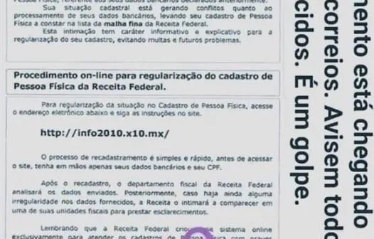 Receita Federal alerta para golpe sobre regularização do CPF e malha fina do Imposto de Renda