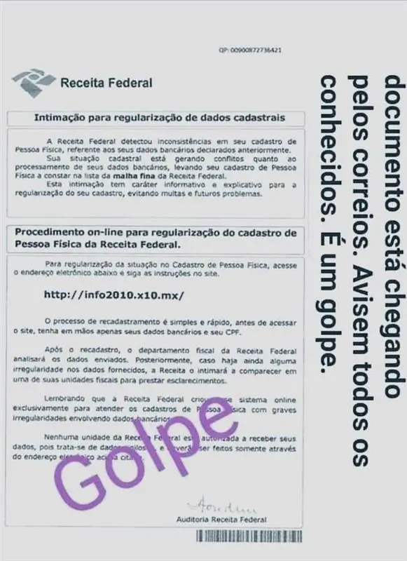 Receita Federal alerta para golpe sobre regularização do CPF e malha fina do Imposto de Renda