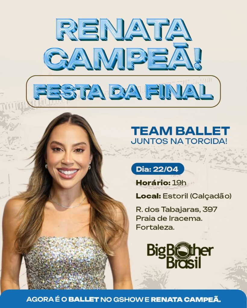 Final do BBB 25 tendo a cearense Renata Saldana como finalista será transmitida no Estoril