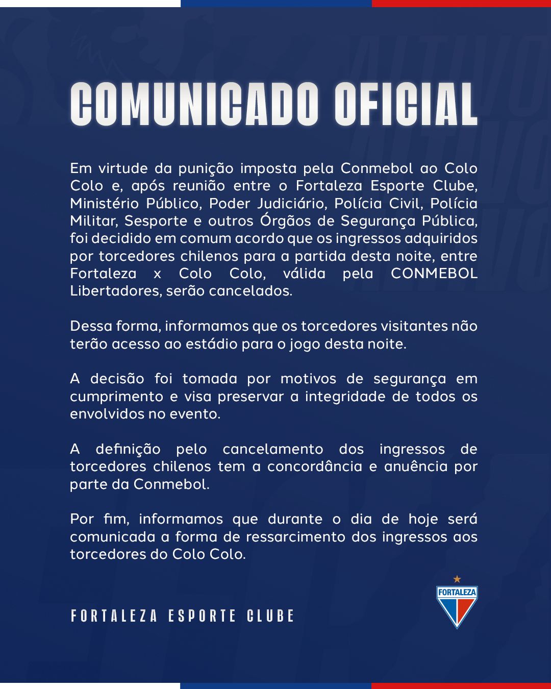 Fortaleza cancela ingressos de torcedores do Colo-Colo para partida pela Libertadores no Castelão