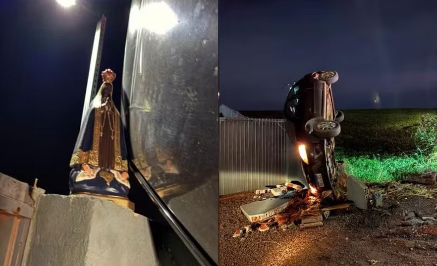Carro capota e para aos pés de imagem de Nossa Senhora; motorista escapa ilesa
