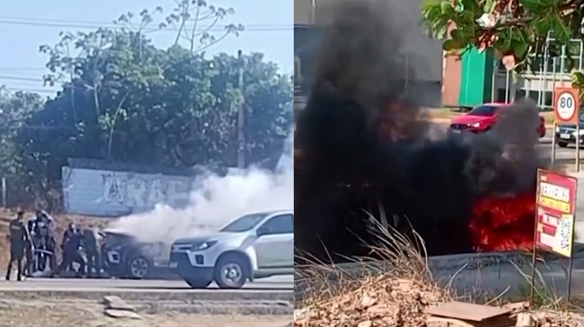 Viatura da Polícia Militar pega fogo em avenida movimentada em Eusébio, no Ceará; veja o vídeo