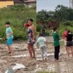 Criança ganha aniversário surpresa em meio à lama após alagamentos em Caucaia, no Ceará