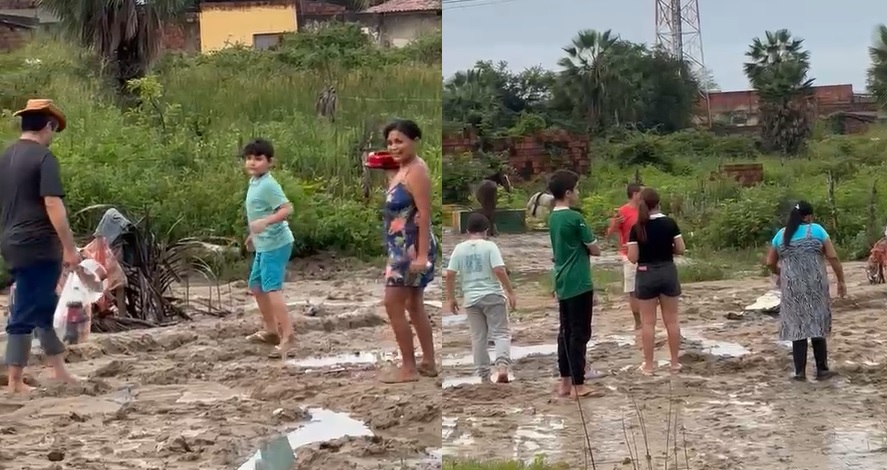 Criança ganha aniversário surpresa em meio à lama após alagamentos em Caucaia, no Ceará