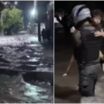Policial militar resgata criança e mãe em avenida alagada durante forte chuva em Fortaleza