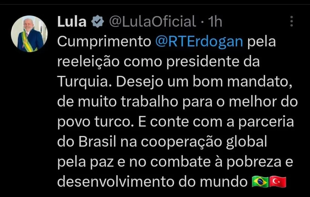 Lula cumprimenta Erdogan pela vitória nas eleições da Turquia