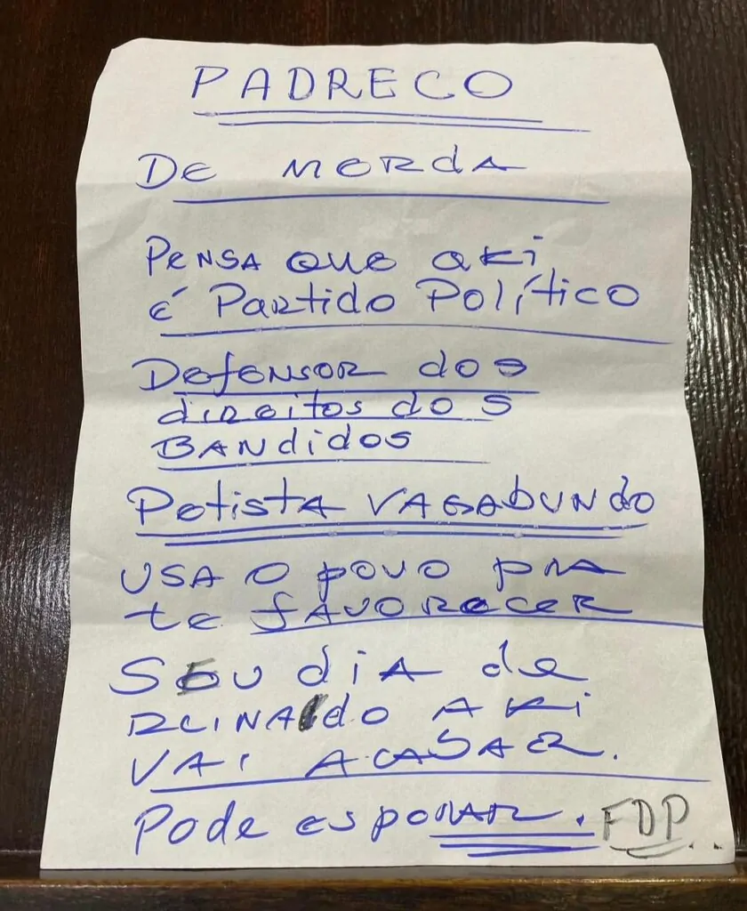 Padre Júlio Lancellotti recebe bilhete com ameaça: “Seu dia de reinado vai acabar”
