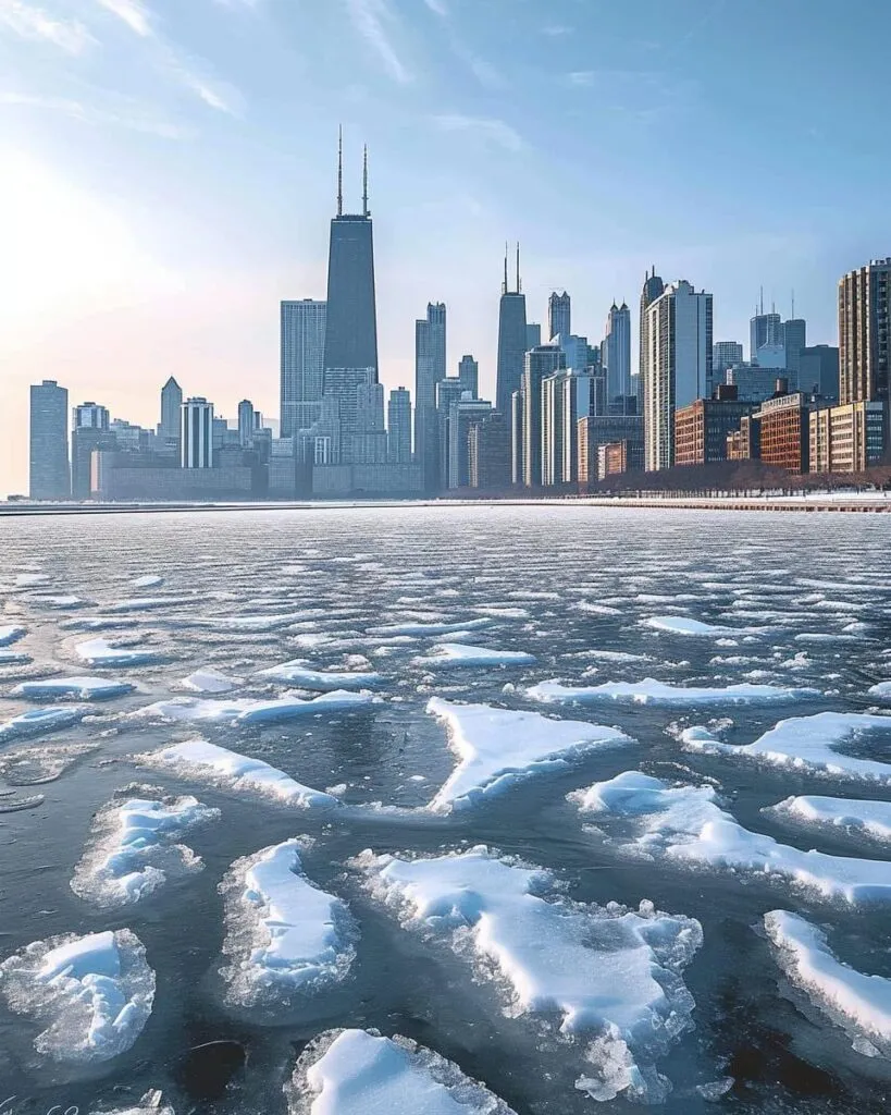 Cenário gelado impressiona na cidade de Chicago em meio a onda de frio