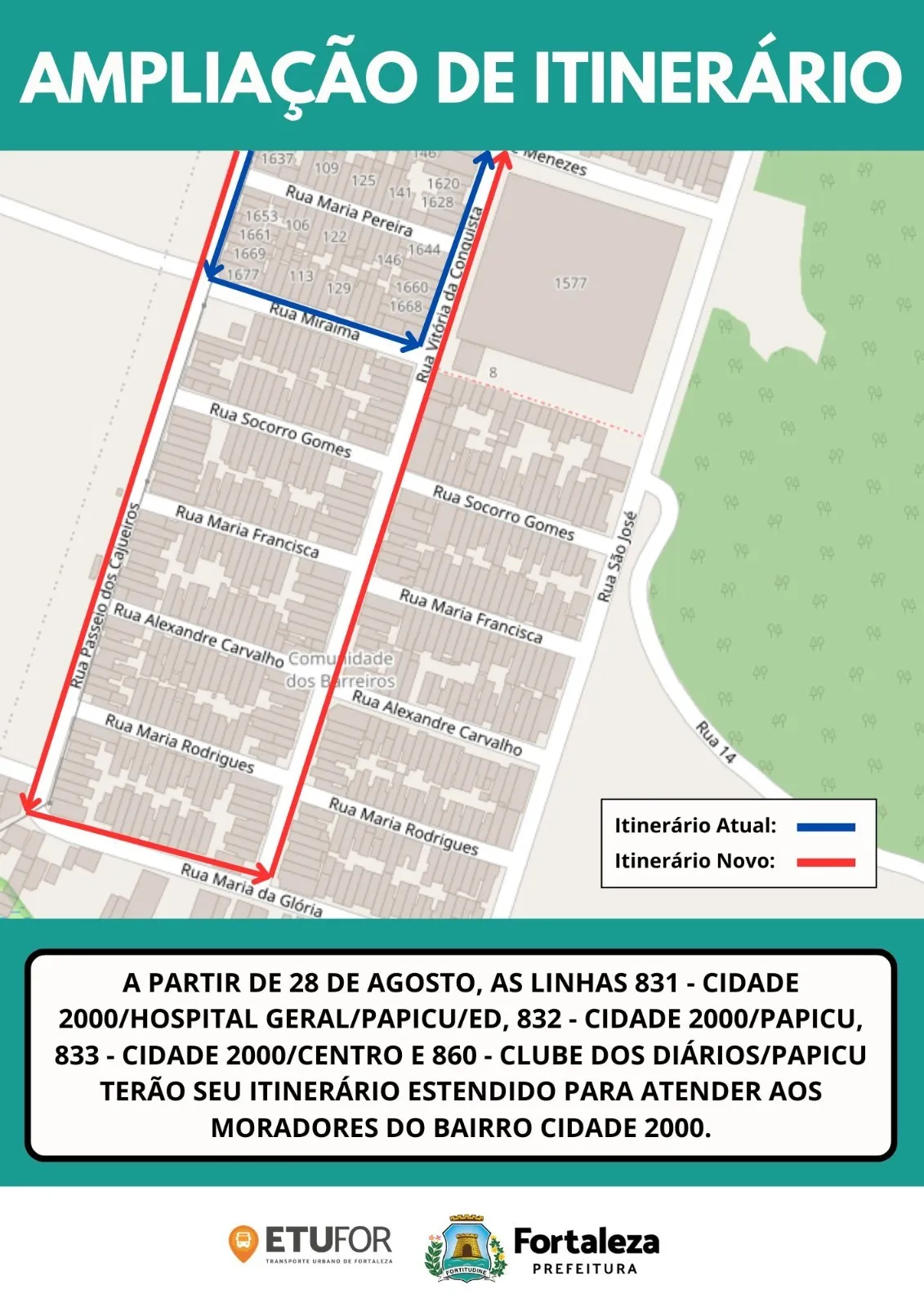 Etufor amplia itinerário de linhas de ônibus na Cidade 2000 a partir desta quarta-feira (28)