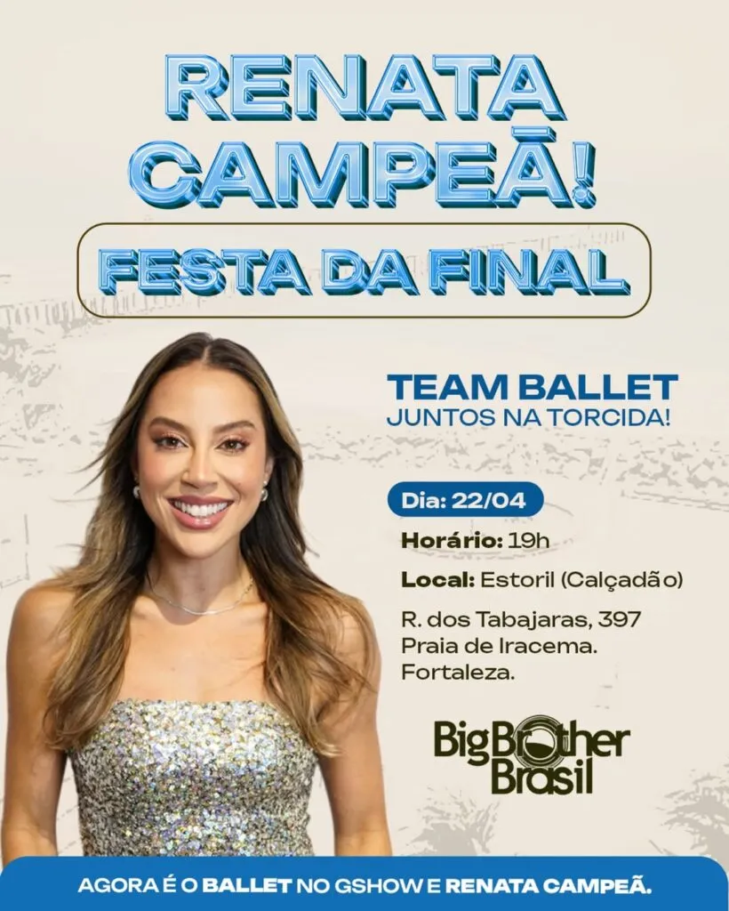 Final do BBB 25 tendo a cearense Renata Saldana como finalista será transmitida no Estoril