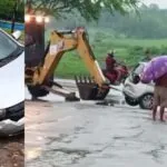 Carro cai em canal em Maracanaú, no Ceará, após chuva
