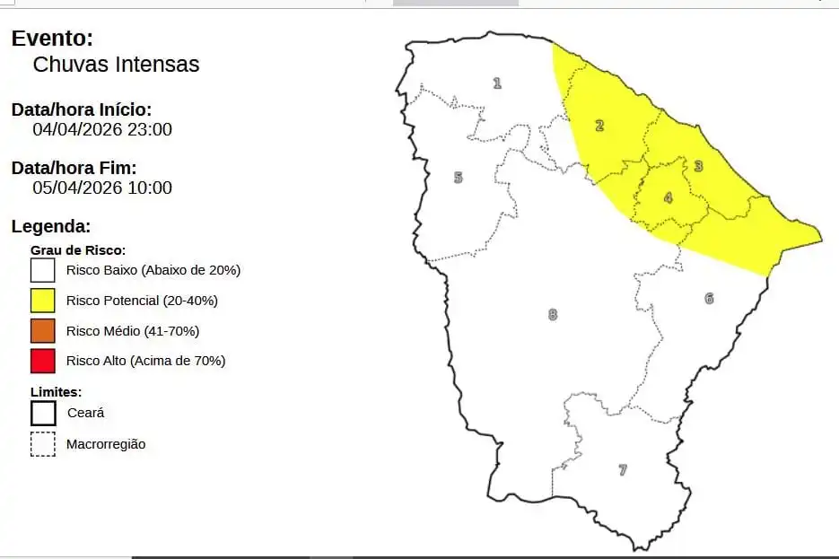 Funceme emite aviso potencial de chuvas intensas para o litoral do Ceará e RMF